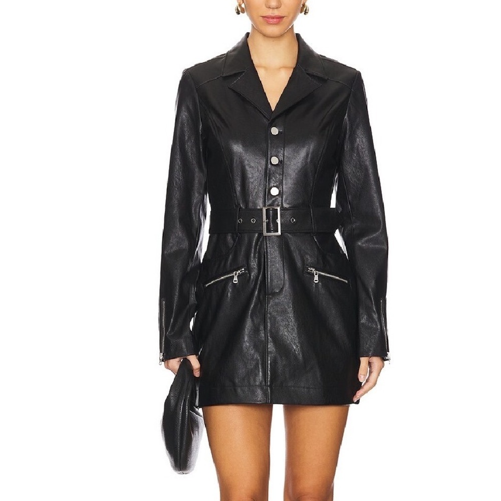 PAIGE Strada Moto Dress Black Faux Leather Belted Zip Mini 12 7099J29-1086